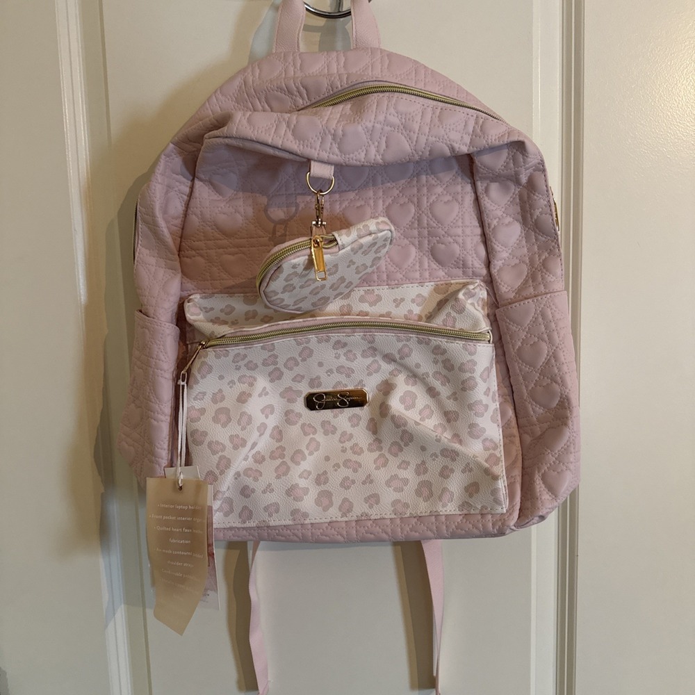 Jessica Simpson Quilted Backpack Pink Heart Faux Leather Full Sized NWT
